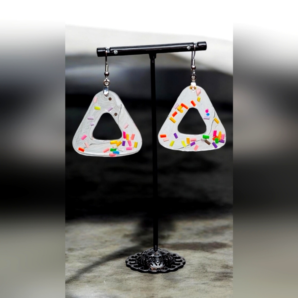 Handmade Resin Sprinkles Triangle Shaped Dangle Earrings
